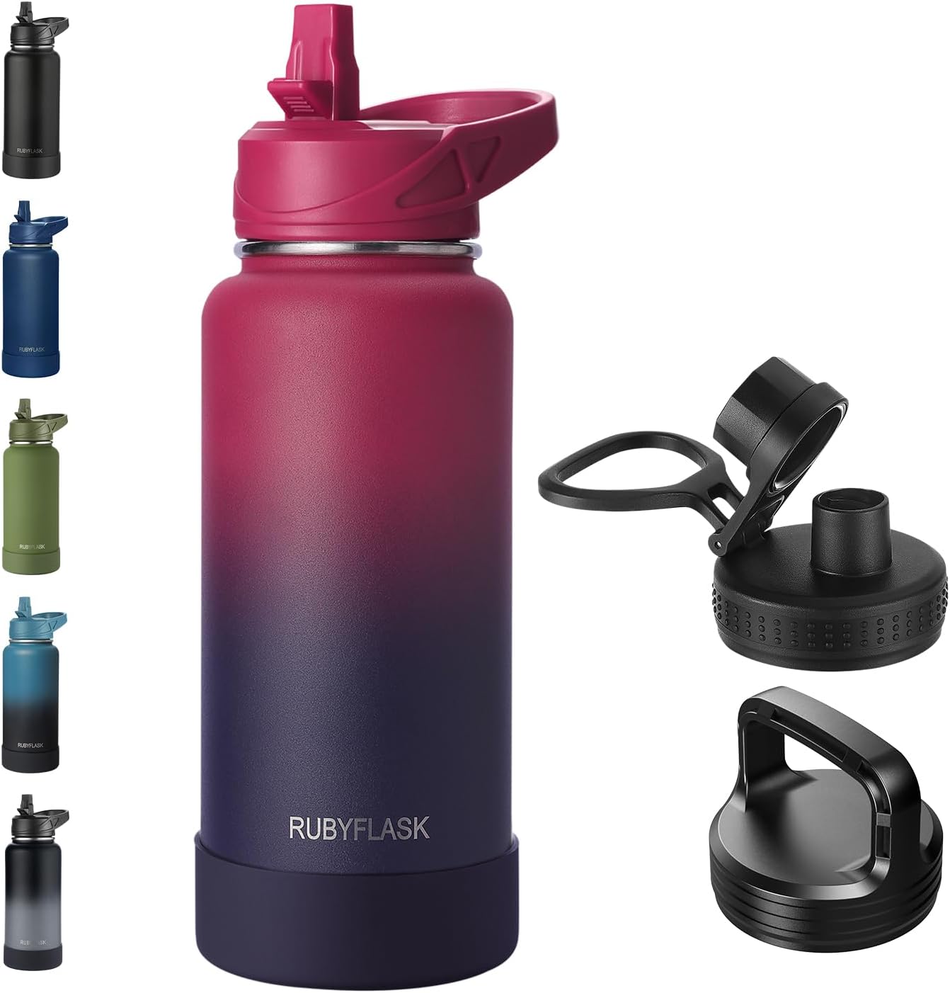 RUBYFLASK 32oz Insulated Water Bottle with Straw, Stainless Steel Metal Vacuum Water Flask, Large Thermal Water bottle with Leakproof 3 Lids for Travel, Camping, Gym Sports Indigo Black