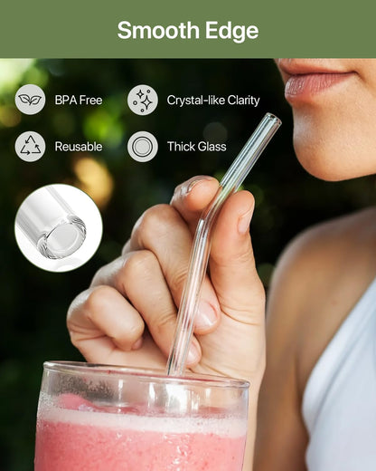 18-Pack Glass Straws, Reusable Clear Glass Drinking Straws Set, 8.5 Inch x 10mm - Includes 8 Straight and 6 Bent with 4 Straw Cleaner Brush, Perfect for Smoothies, Milkshakes, Juice, Tea
