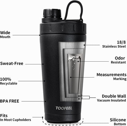 TOOFEEL Protein Shaker Bottle 20 oz - Double Walled Insulated Vacuum Cup for Protein Shakes, Keeps Cold/Hot, Metal Stainless Steel, Preworkout Gym