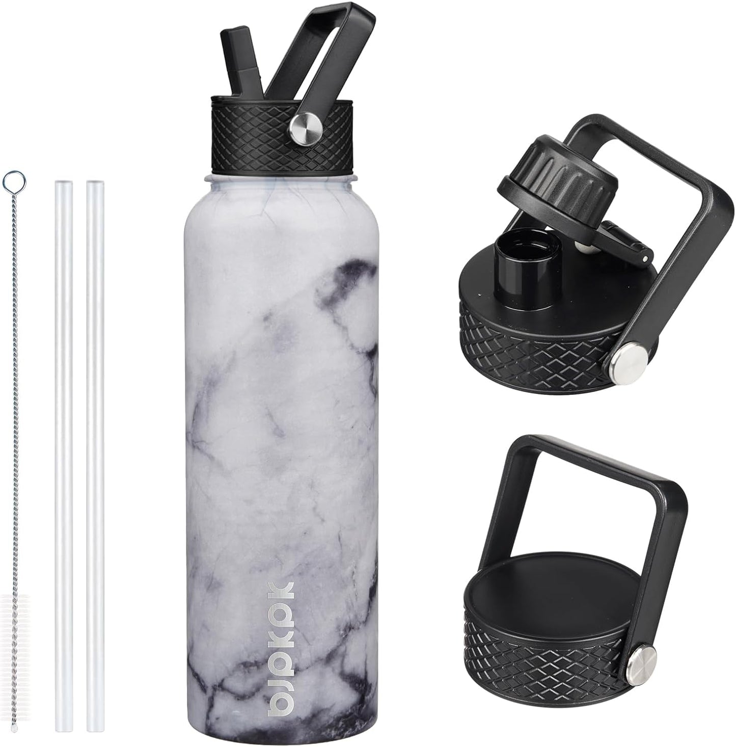 BJPKPK Insulated Water Bottles with Straw Lid, 40oz Stainless Steel Water Bottles with 3 Lids, BPA Free Leakproof Thermo, Tumblers, Cups for Sports, Gym- Midnight - Colors A