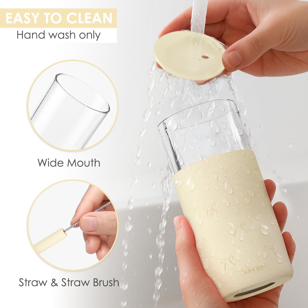 SANDJEST Glass Tumbler with Straw and Lid, Glass Water Bottle with Silicone Sleeve 20oz, Smoothie, Iced Coffee Cup, Gifts for Women Teen Girls Birthday Christmas (Cream)