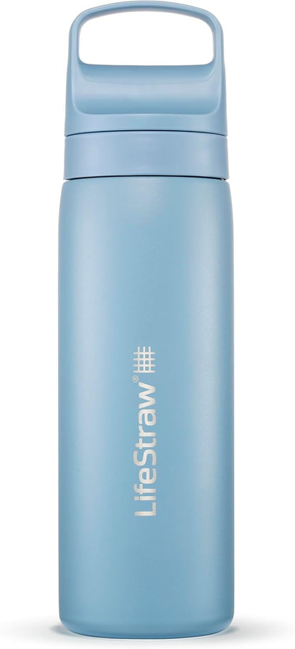 LifeStraw Go Series — Insulated Stainless Steel Water Filter Bottle for Travel and Everyday Use Removes Bacteria, Parasites and Microplastics, Improves Taste, 1L Aegan Sea