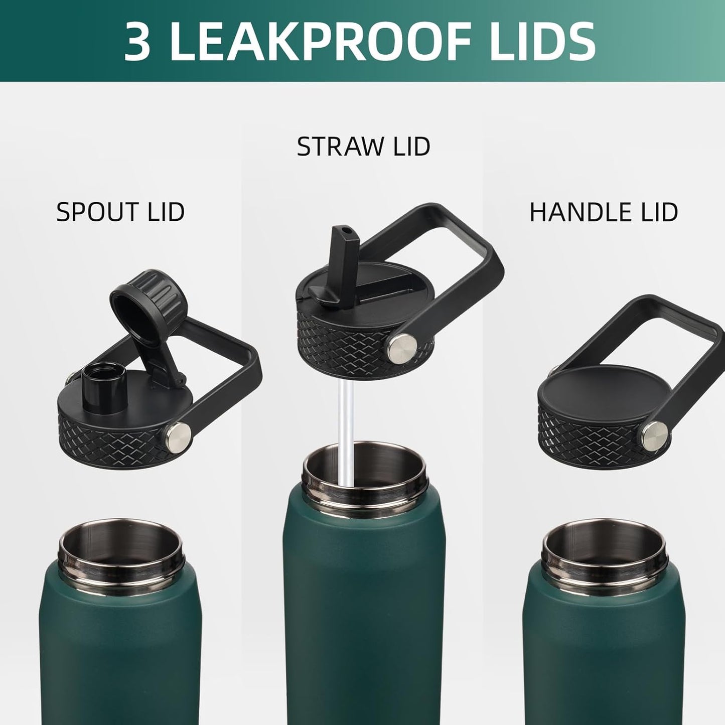 Konokyo 22oz Stainless Steel Bottles with 3 Lids Sport Insulated Water Bottle,Mint