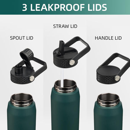 Konokyo 22oz Stainless Steel Bottles with 3 Lids Sport Insulated Water Bottle,Mint