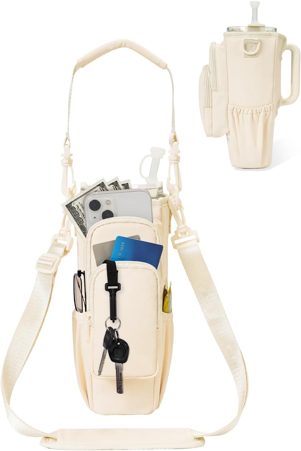 sportsnew Water Bottle Carrier Bag with Phone Pocket for 30oz 40oz Tumbler with Handle Accessories Insulated Water Bottle Holder Pouch with Strap Crossbody with Straw Cover