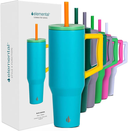 Elemental 32 oz 100% Leak Proof Tumbler with Handle & Straw - Stainless Steel Double Wall Insulated Tumbler for Hot and Cold Beverages - Travel Coffee Mug with Sip & Straw Lid - White - Colors A