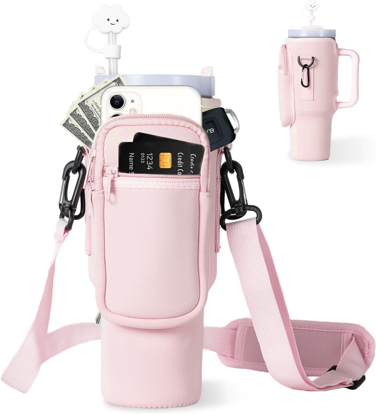 dabria Water Bottle Carrier Bag with Phone Pocket for Stanley 40/30 oz Tumbler Neoprene Water Bottle Holder Pouch with Adjustable Strap Bollus with Straw Cover for Stanley Cup Accessories