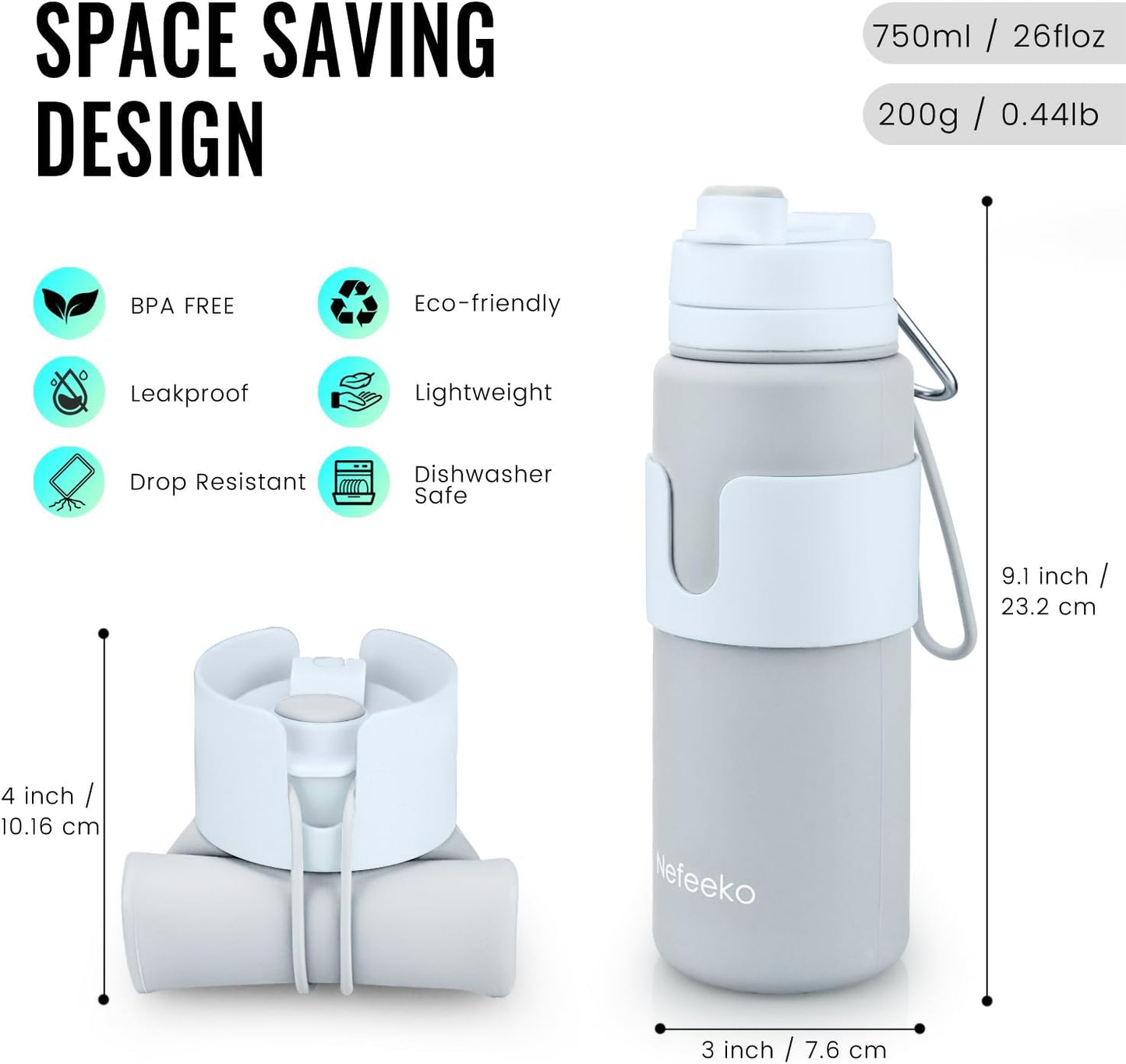 Nefeeko Collapsible Water Bottle, BPA Free 26oz Foldable Water Bottle for Travel Sports, Leak-Proof Spill-Proof Portable Water Bottles with Carabiner, Lightweight
