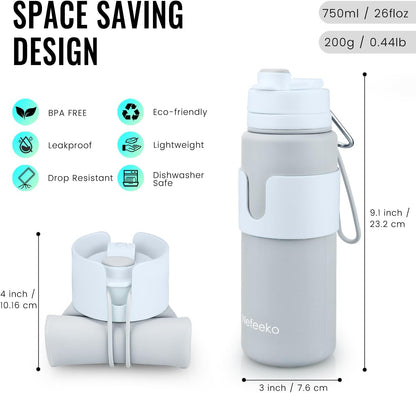 Nefeeko Collapsible Water Bottle, BPA Free 26oz Foldable Water Bottle for Travel Sports, Leak-Proof Spill-Proof Portable Water Bottles with Carabiner, Lightweight