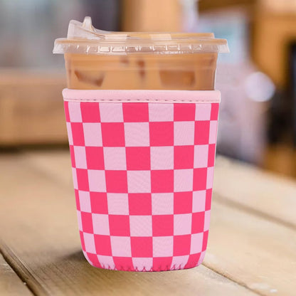 Reusable Insulated Neoprene Iced Coffee Cup Sleeve, Durable Drink Sleeve for Cold Beverages, Beverage Holder for Iced Coffee, Floral Checkers