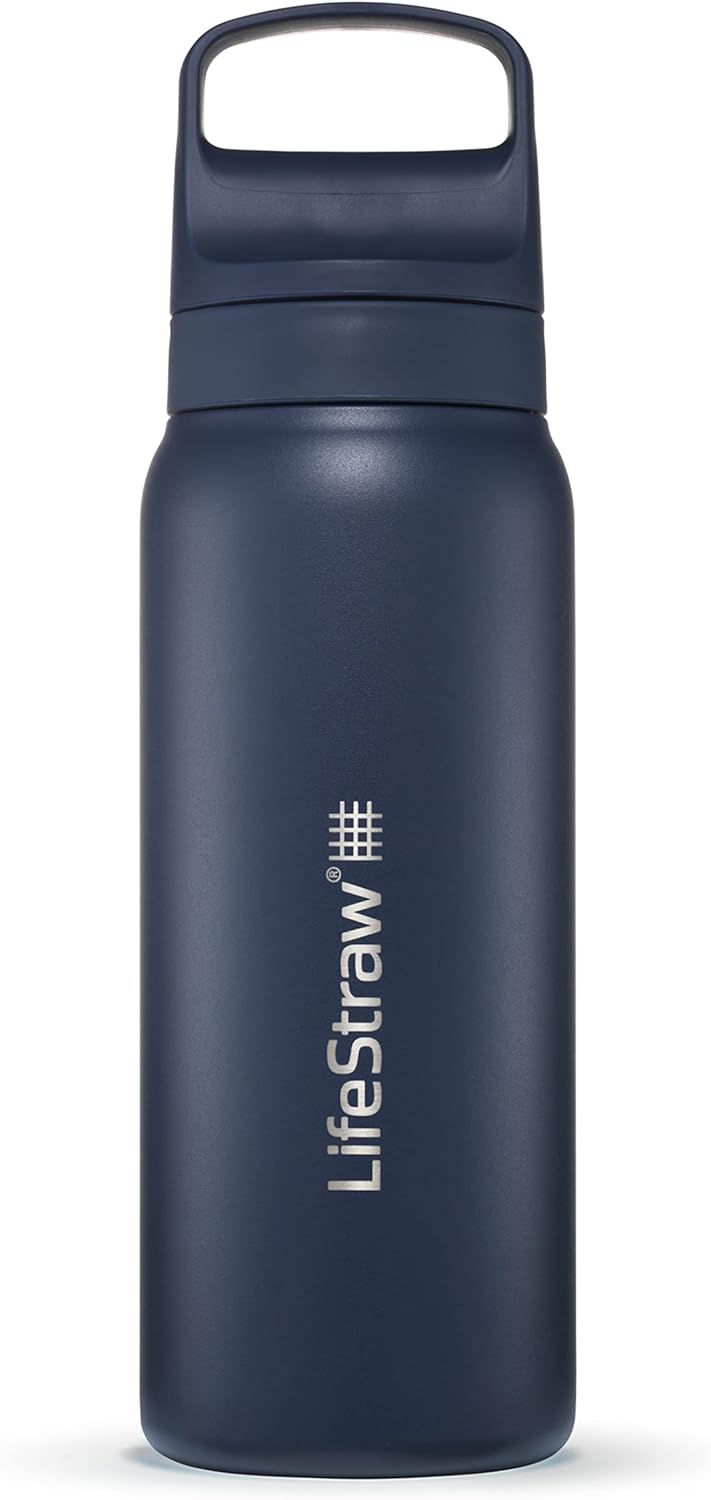 LifeStraw Go Series — Insulated Stainless Steel Water Filter Bottle for Travel and Everyday Use Removes Bacteria, Parasites and Microplastics, Improves Taste, 1L Aegan Sea