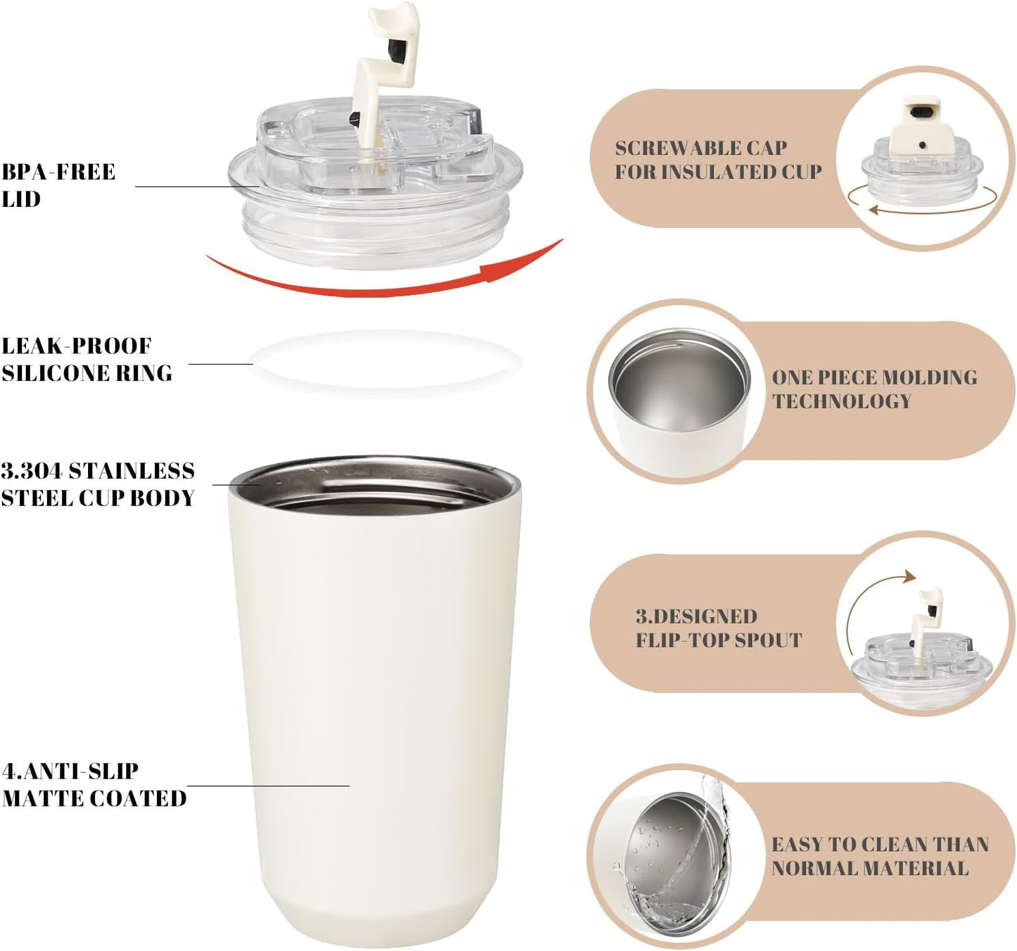 Puraville Insulated Tumblers with Lid, 14 oz Travel Coffee Mug Stainless Steel Vacuum Cup, Leak Proof Reusable Double Walled Coffee Tumbler for Iced and Hot Drinks, Cream