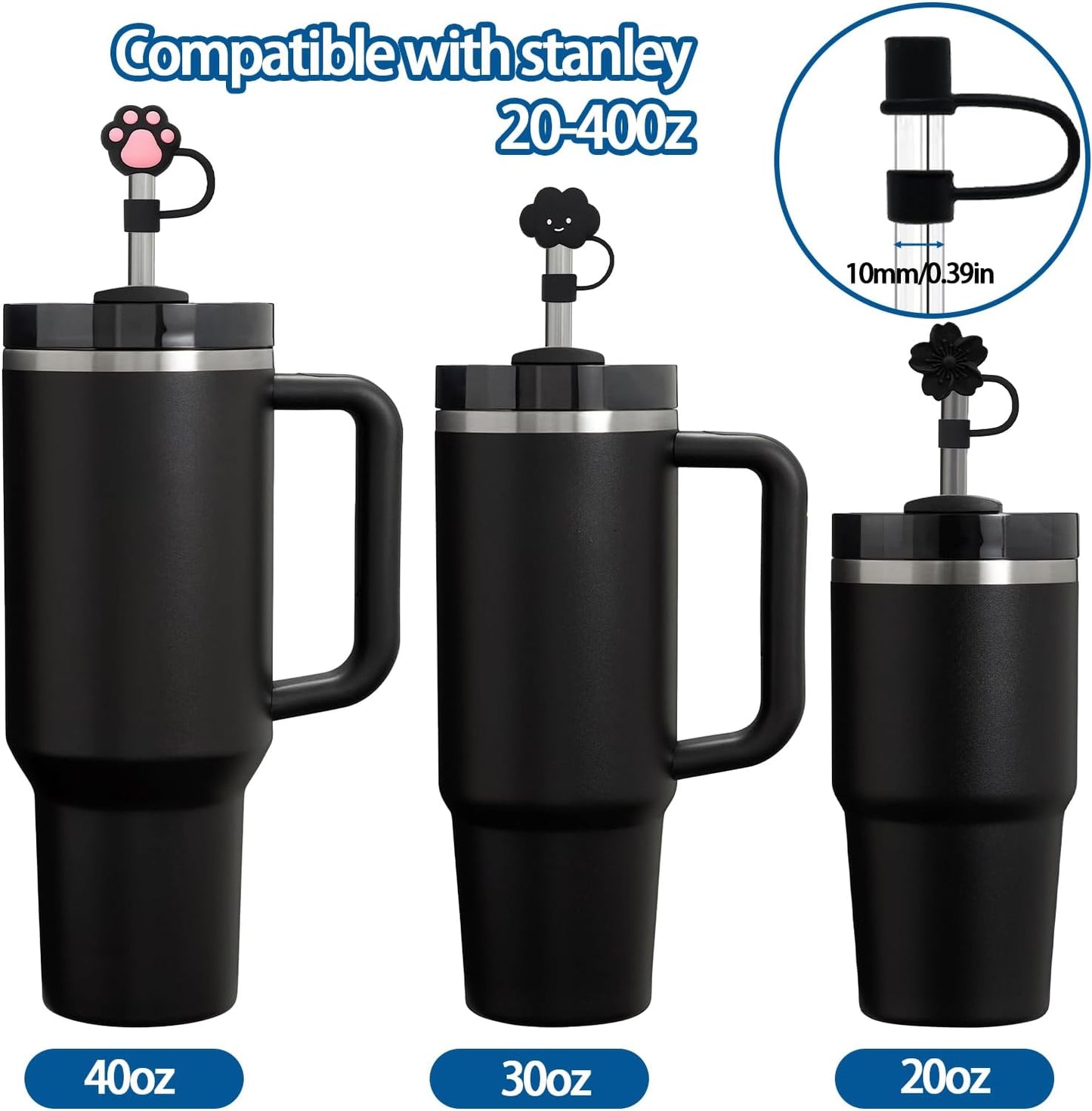 6PCS Silicone Straw Covers Cap Compatible with Stanley Cup 30-40 oz Tumbler with Handle 10mm Straw Toppers，Dust-Proof Reusable Straw Cover for Stanley Cup Accessories (Black)