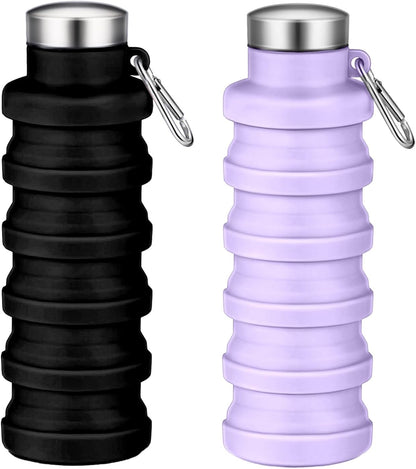 Collapsible Water Bottles,16oz Capacity Portable Reusable Silicone Water Bottle,Leak-proof,with buckle,foldable storage,Lightweight Durable for Fitness,Cycling,Sports,Camping,Hiking (Deep Black)