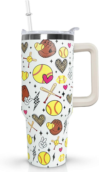 Ceovfoi 40 oz Pickleball Coffee Mug Vacuum Insulated Travel Tumbler with Handle, Lid & Straw - Perfect Pickleball Gifts for Players, Coaches, Lovers | Pickleball Accessories