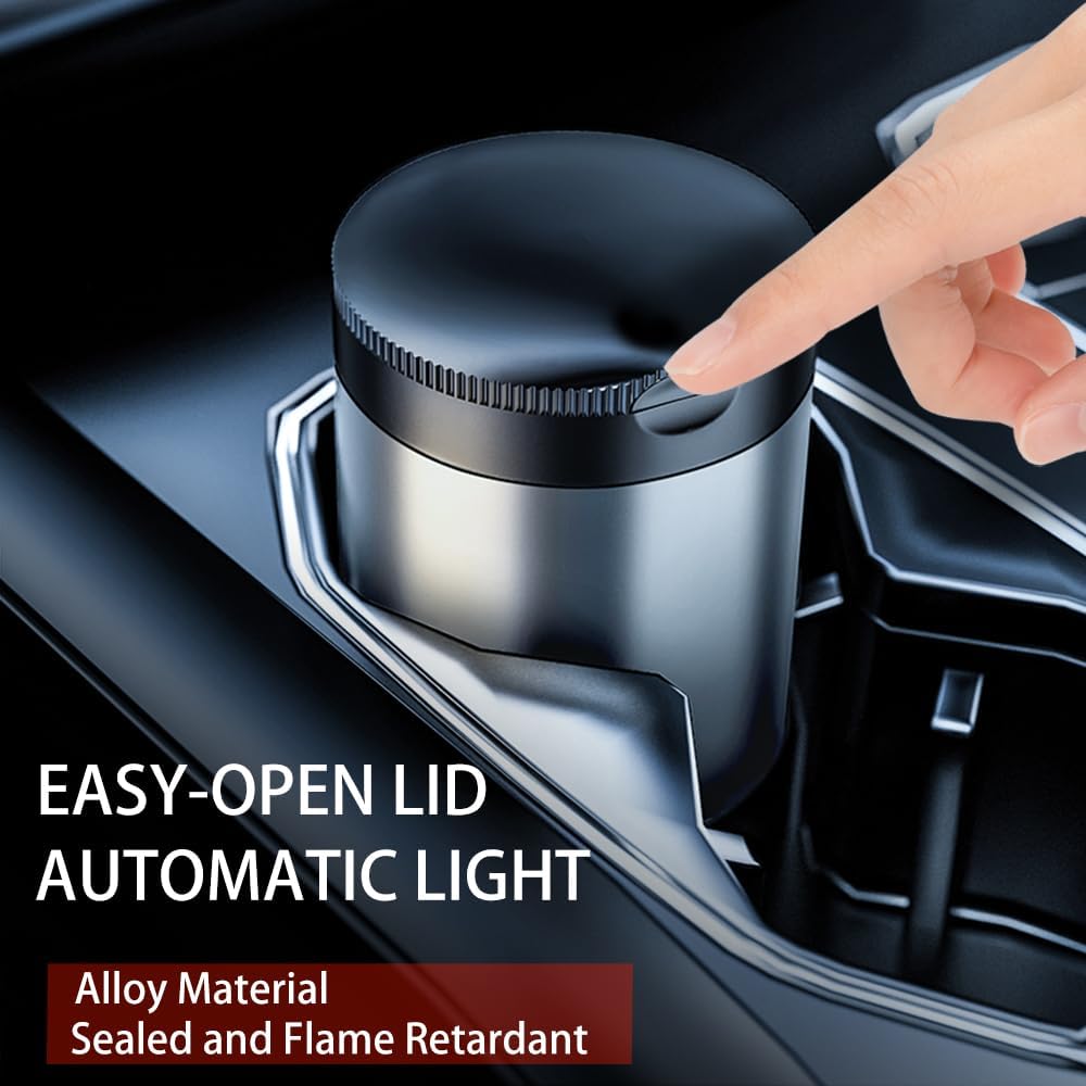 Ashtray with Lid,Smokeless Ashtray for Cup Holder Smell Proof,Detachable Stainless Steel Car Ash Tray with LED Auto Light, for Most Car, Office, Home (Grey)