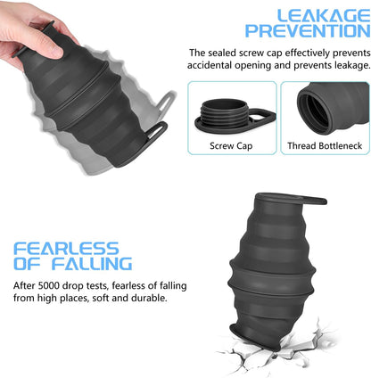 Nefeeko Collapsible Water Bottle,17oz(500ml) Reuseable BPA Free Silicone Foldable Water Bottles for Travel Gym Camping Hiking, Portable Leak Proof Sports Water Bottle with Carabiner