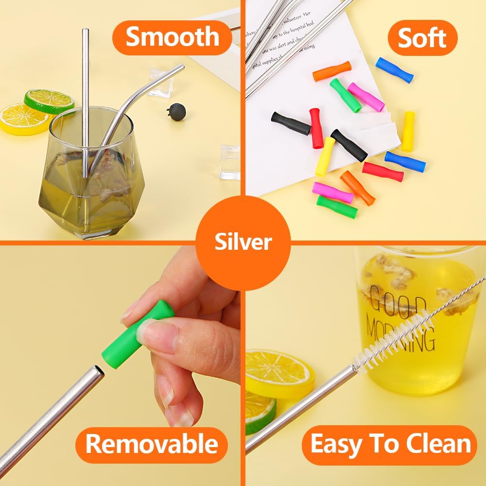 Lazycorner 16 Pcs Metal Straw Reusable 8.5" 10.5" 6mm Stainless Steel Straws for Tumblers 20oz-32oz, Rainbow Drinking Straws with Silicone Tips, 4 Straw Cleaner Brush, 1 Travel Case