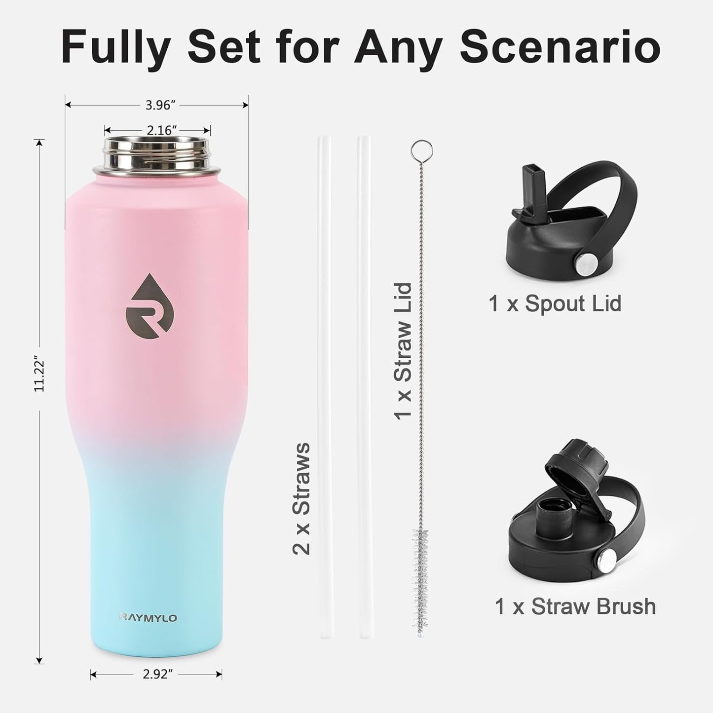RAYMYLO 40 oz Insulated Water Bottle with Straw fit in Car Cup Holder, Triple Wall Vacuum Stainless Steel(Cold 48 hrs, Hot 24 hrs), Leakproof & Non-BPA, Hydro Travel Flask with Straw and Spout Lid