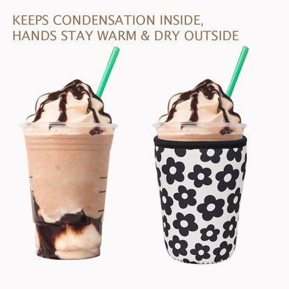 Reusable Insulated Neoprene Iced Coffee Cup Sleeve, Durable Drink Sleeve for Cold Beverages, Beverage Holder for Iced Coffee, Floral Checkers