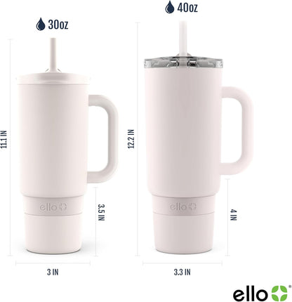 Ello Port 40oz Tumbler with Carry Loop & Integrated Handle, Vacuum Insulated Stainless Steel Reusable Water Bottle, Travel Mug with Leak Proof Lid & Straw, Perfect for Iced Coffee & Tea, White