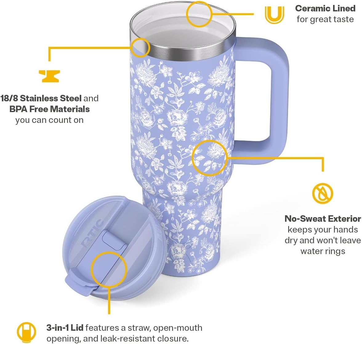 RTIC 30 oz Road Trip Tumbler Double-Walled Ceramic Lined InsulatedStainless Steel Portable Travel Coffee Mug Cup with Lid, Handle and Straw, Periwinkle Bouquet