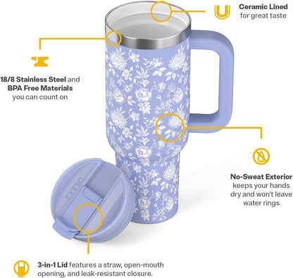 RTIC 30 oz Road Trip Tumbler Double-Walled Ceramic Lined InsulatedStainless Steel Portable Travel Coffee Mug Cup with Lid, Handle and Straw, Periwinkle Bouquet