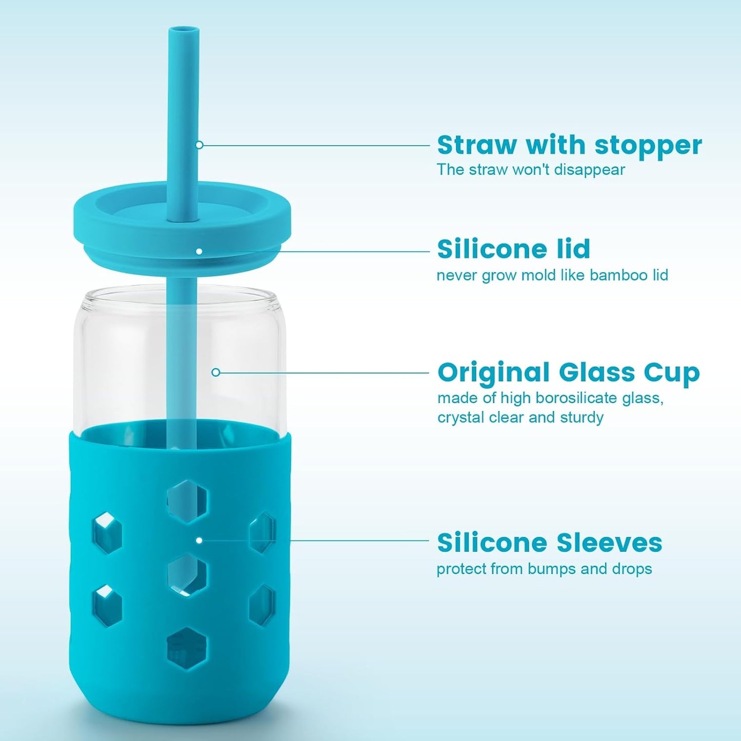 Mrsdry Glass Cups with Lids and Straws (4 Pcs), 16oz Drinking Glasses Set with Silicone Sleeves for Coffee Bar Accessories Iced Coffee Cups with Lids, Glass Tumbler Reusable for Gifts