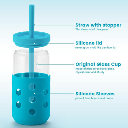 Mrsdry Glass Cups with Lids and Straws (4 Pcs), 16oz Drinking Glasses Set with Silicone Sleeves for Coffee Bar Accessories Iced Coffee Cups with Lids, Glass Tumbler Reusable for Gifts