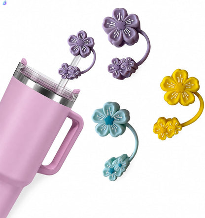 BTYHAOS Silicone Straw Caps for 10mm Tumblers | Reusable Dust-Proof Straw Toppers Compatible with Stanley 30oz & 40oz Tumblers (Purple Flower 3pc)