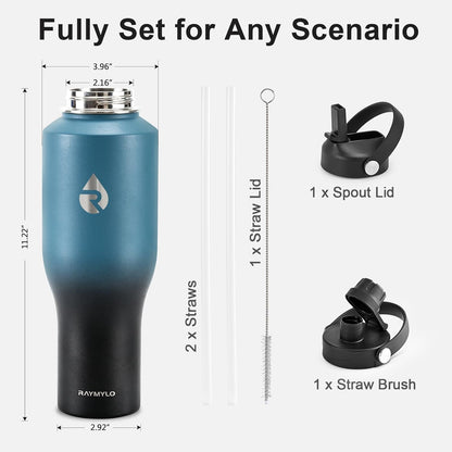 RAYMYLO 40 oz Insulated Water Bottle with Straw fit in Car Cup Holder, Triple Wall Vacuum Stainless Steel(Cold 48 hrs, Hot 24 hrs), Leakproof & Non-BPA, Hydro Travel Flask with Straw and Spout Lid