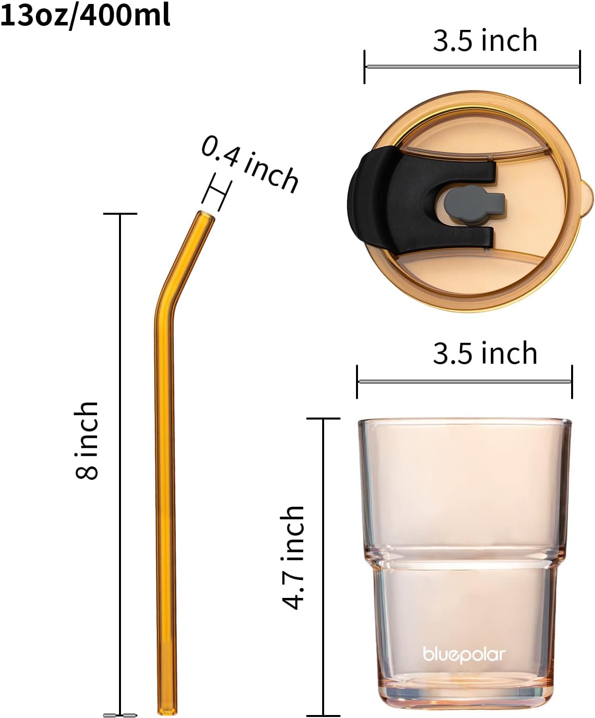BLUEPOLAR 13oz/400ml Glass Water Tumbler with Straw and Lid Sealed Carry On Thick Wall Iced Coffee Cup Glass Cup for Water, Iced Tea Fruit Juice Etc (White-2Pack)