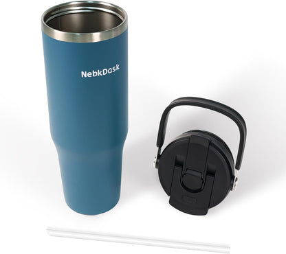 40 oz Insulated Stainless Steel Bottle with 2-in-1 Straw and Spout Lid, Water Bottle with Carry Handle Keep Cold 24H, Leak-Proof, Fits in Car Cup Holder, Travel, and School（off-White）