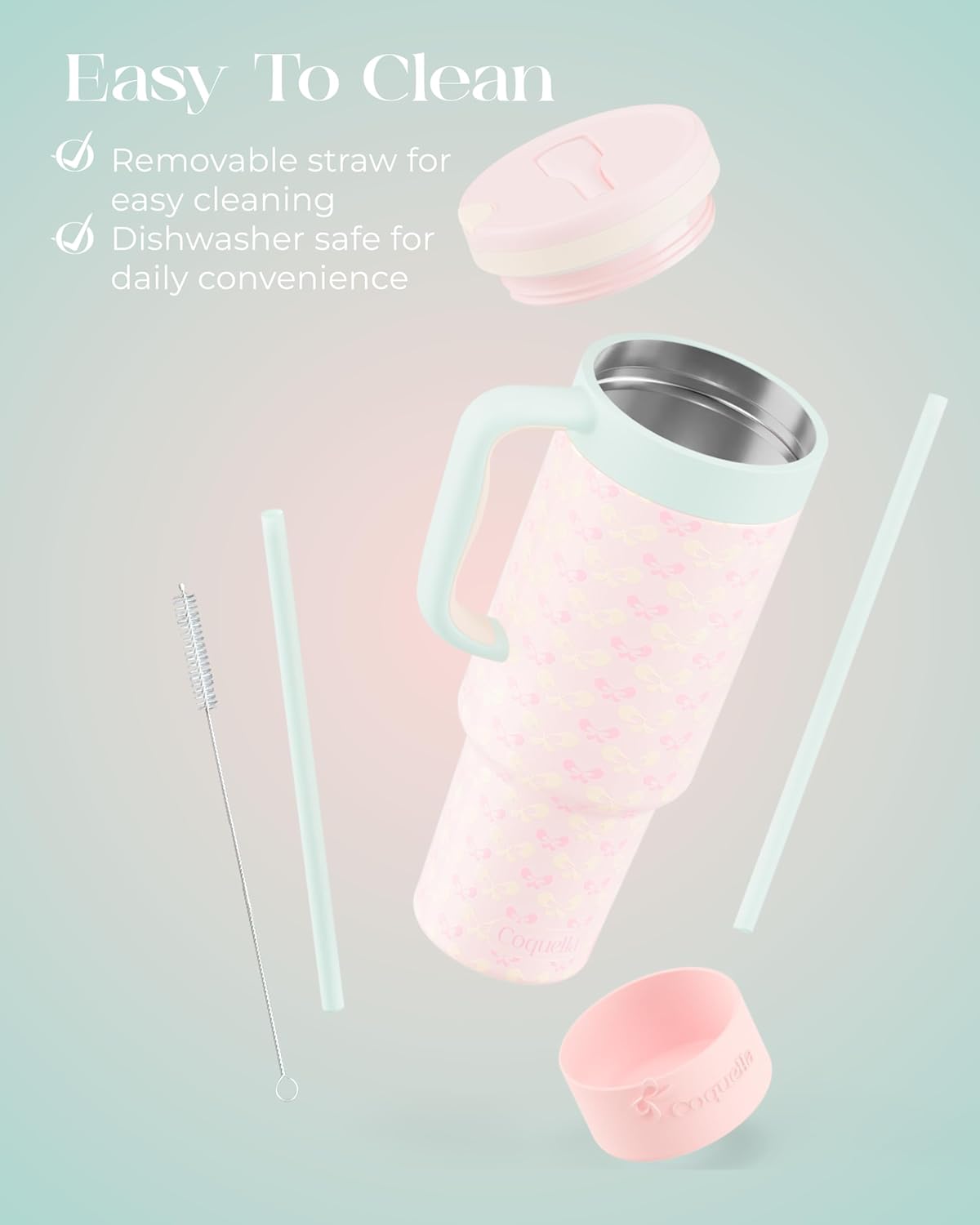 40 oz Insulated Tumbler with Handle and Push-Button Straw Lid, Stainless Steel Travel Cup for Gym Office, Leakproof, BPA-Free, Cup Holder Friendly, Bow Silicone Boot, Purple (Light Lilac)