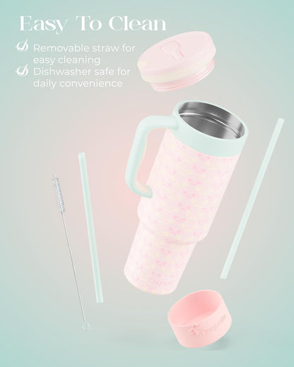 40 oz Insulated Tumbler with Handle and Push-Button Straw Lid, Stainless Steel Travel Cup for Gym Office, Leakproof, BPA-Free, Cup Holder Friendly, Bow Silicone Boot, Purple (Light Lilac)