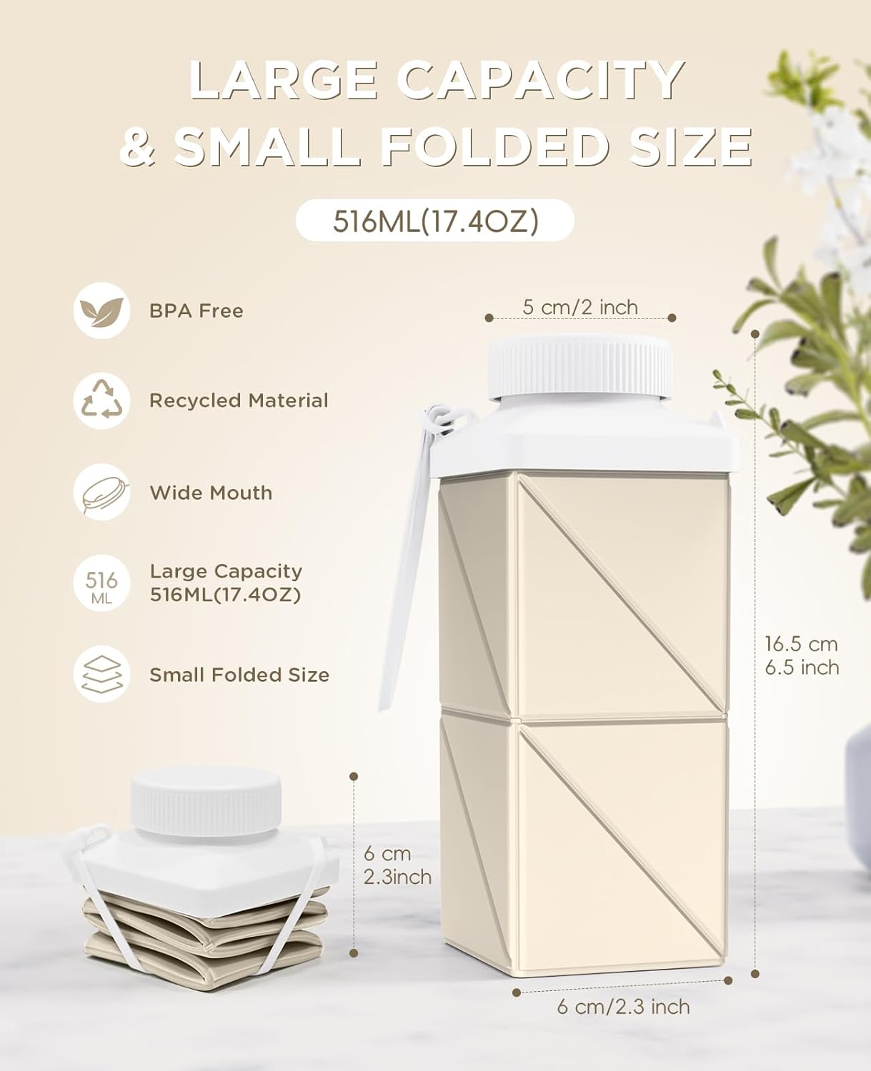 Collapsible Water Bottles 17.4oz(516ML), 2nd Generation Leakproof BPA-Free Travel Water Bottle,Lightweight Reusable Water bottle, Portable for Travel Cycling Gym Sports,Champagne White, 1 Pack