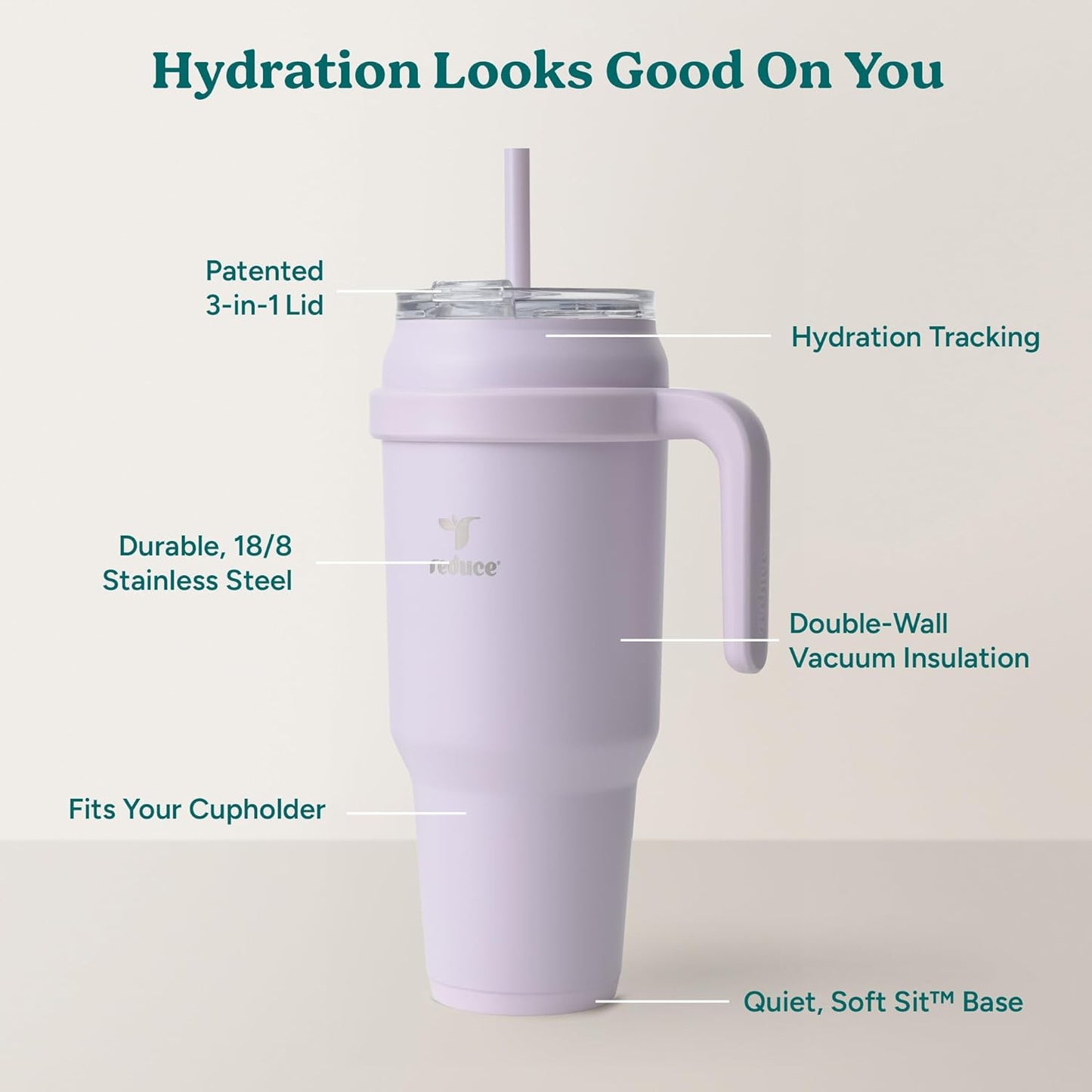 REDUCE 24 oz Stainless Steel Tumbler with Handle - Dual-Wall Vacuum Insulated Travel Mug, Sweat-Proof Lid & Reusable Straw - Keeps Drinks Cold for 24 Hrs, Fits Cupholders, Dishwasher Safe - Lilac Bud