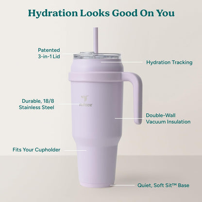REDUCE 24 oz Stainless Steel Tumbler with Handle - Dual-Wall Vacuum Insulated Travel Mug, Sweat-Proof Lid & Reusable Straw - Keeps Drinks Cold for 24 Hrs, Fits Cupholders, Dishwasher Safe - Lilac Bud