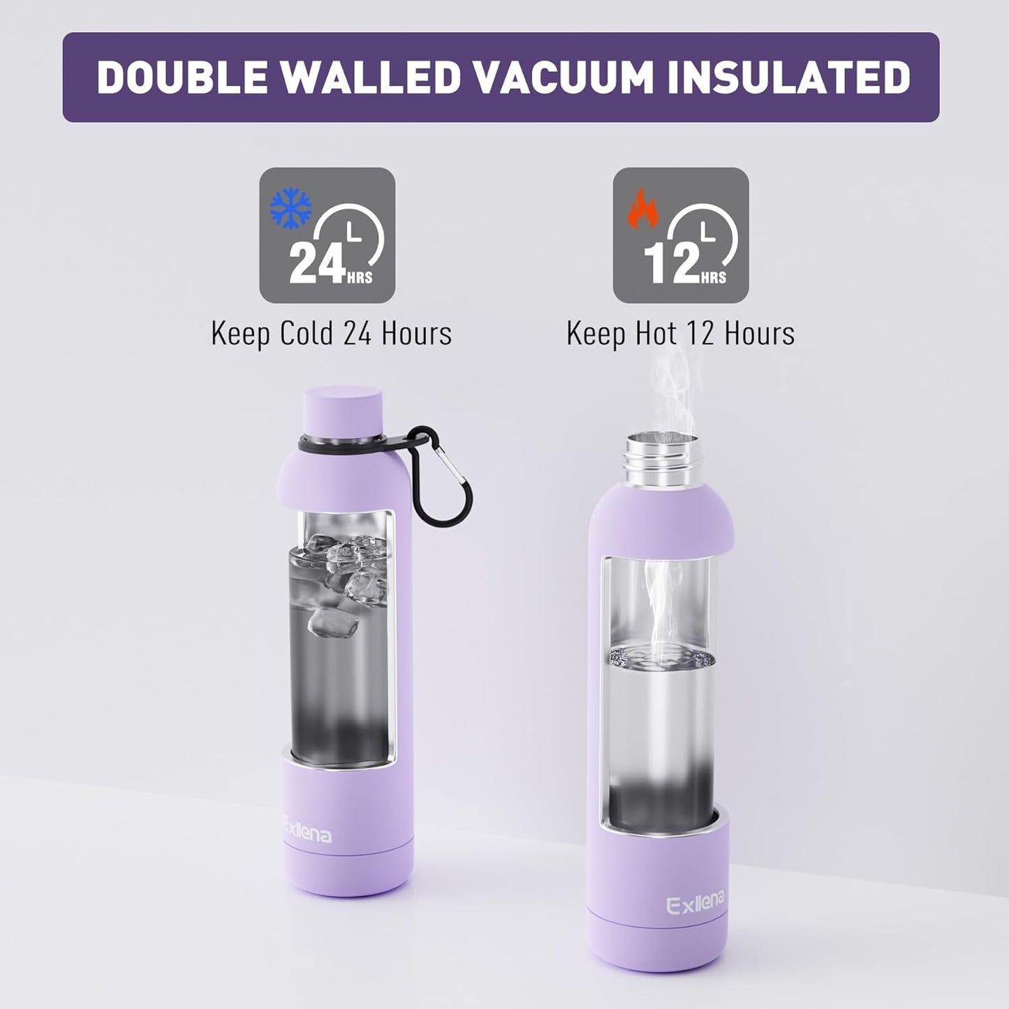 Exllena Slim Insulated Water Bottles for Travel 18oz with Clip, Double Wall Vacuum Stainless Steel Water Bottle Keeps Drinks Cold 24 Hrs/Hot 12 Hrs, 100% Leakproof, BPA Free(Black)