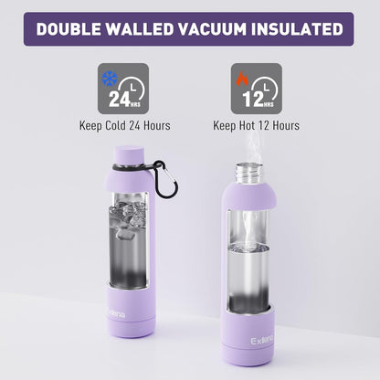 Exllena Slim Insulated Water Bottles for Travel 18oz with Clip, Double Wall Vacuum Stainless Steel Water Bottle Keeps Drinks Cold 24 Hrs/Hot 12 Hrs, 100% Leakproof, BPA Free(Black)