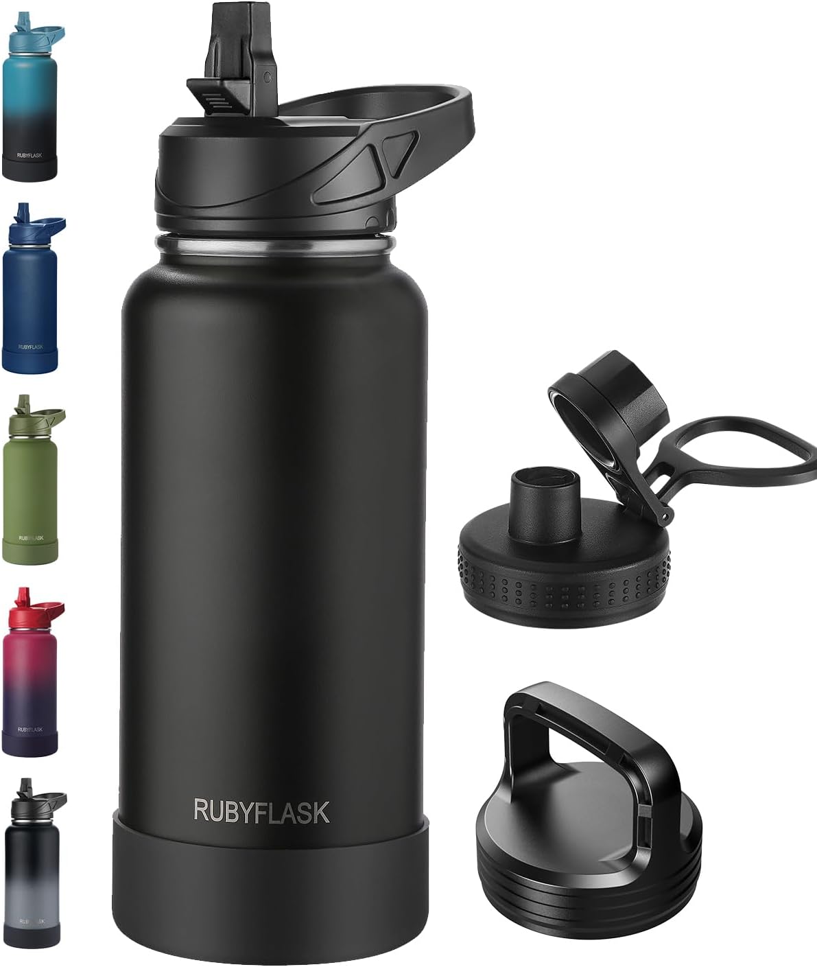 RUBYFLASK 32oz Insulated Water Bottle with Straw, Stainless Steel Metal Vacuum Water Flask, Large Thermal Water bottle with Leakproof 3 Lids for Travel, Camping, Gym Sports Indigo Black