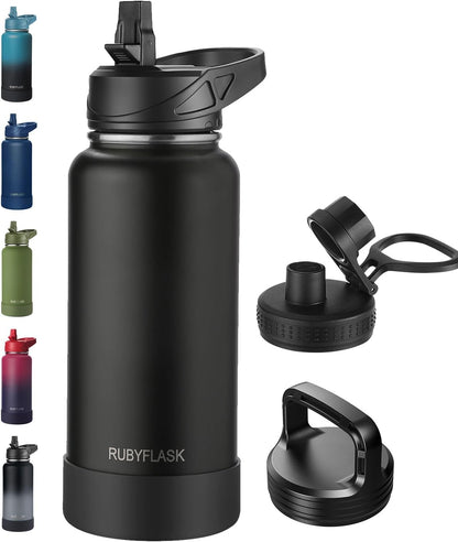 RUBYFLASK 32oz Insulated Water Bottle with Straw, Stainless Steel Metal Vacuum Water Flask, Large Thermal Water bottle with Leakproof 3 Lids for Travel, Camping, Gym Sports Indigo Black