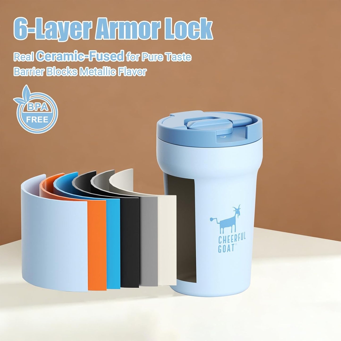 CHEERFUL GOAT Insulated Coffee Mug – Stainless Steel Travel Coffee Tumbler with Ceramic Liner, 12oz Coffee Cup for Hot and Cold Water Coffee at Home, Office, or On the Go (orange)
