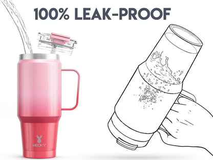 Meoky 32oz Tumbler with Handle, Stainless Steel Travel Mug with 2-in-1 Straw and Sip Lid, Vacuum Insulated Coffee Mug, 100% Leak Proof, Keeps Cold for 24 Hours or Hot for 8 Hours (Sky)