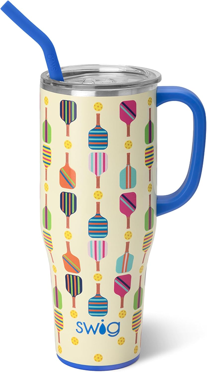 Swig Life 40oz Mega Mug, 40 oz Tumbler with Handle and Straw, Cup Holder Friendly, Dishwasher Safe, Extra Large Insulated Tumbler, Stainless Steel (Pickleball)