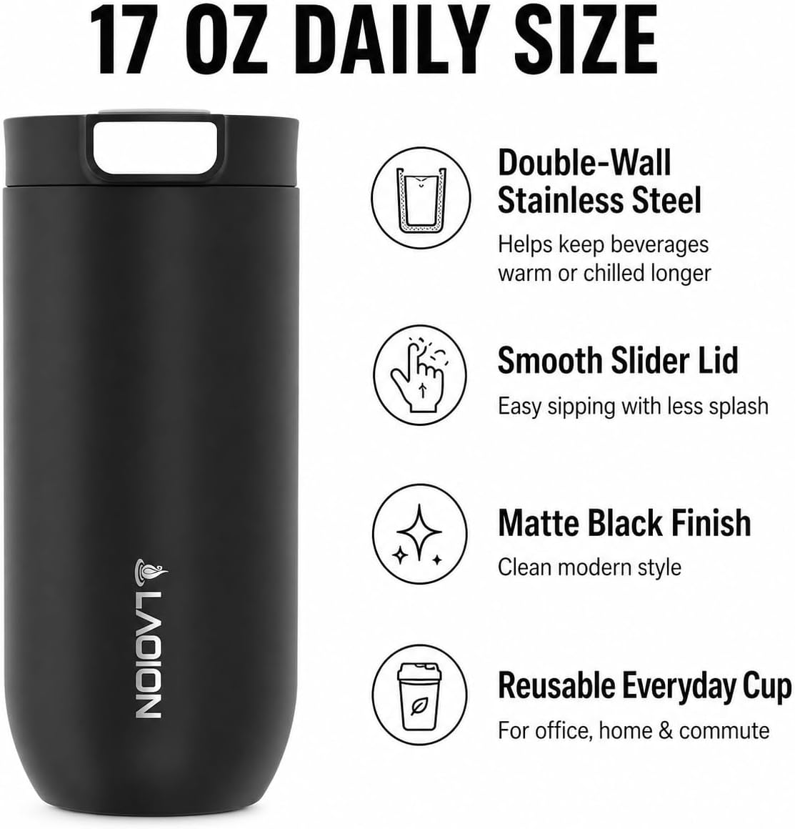 LAOION 17 oz Insulated Coffee Tumbler, Stainless Steel Travel Coffee Mug with Slider Lid, Reusable Iced Coffee Cup for Office, Car, Commute, Gray