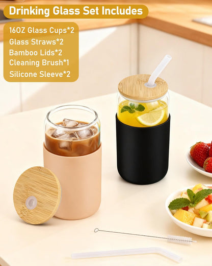 sungwoo 4PCS Glass Cups with Bamboo Lids and Straws, 16OZ Ice Coffee Cup, Drinking Cup set with Wooden Lids, Home Essential Glass Tumblers for Beer, Cocktail, Tea and Latte Clear