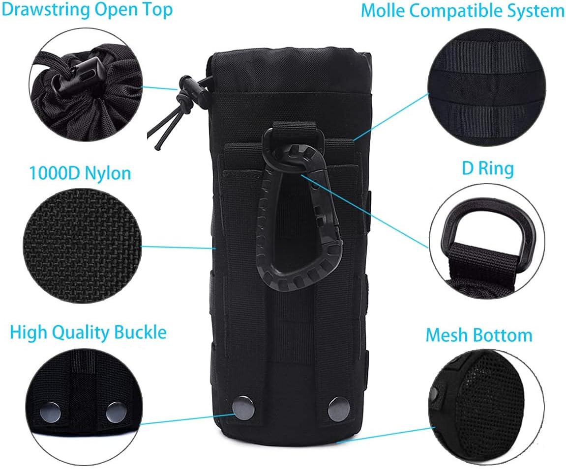 Tactical MOLLE Water Bottle Pouch, 3-Way Attachment: Backpack MOLLE, Belt Loop & D-Ring Hook, Anti-Swing 1000D Nylon Bottle Holder for Hiking Hunting, Fits 18-25oz Flasks