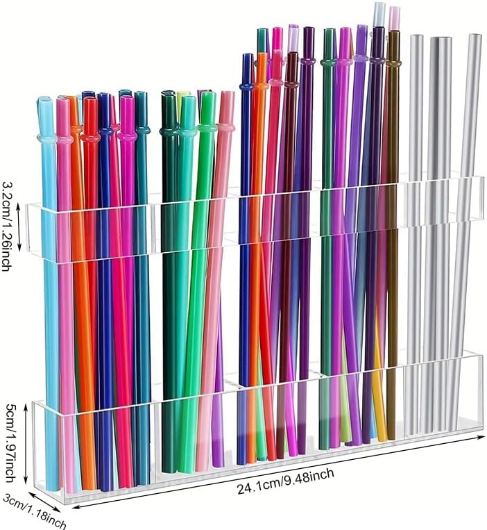 9.5' Cabinet Door Straw Rack, Super Sticky Squares, Adjustable Reusable Straw Dispenser, Kitchen Storage Accessory for Cabinets, Counters, and RVs