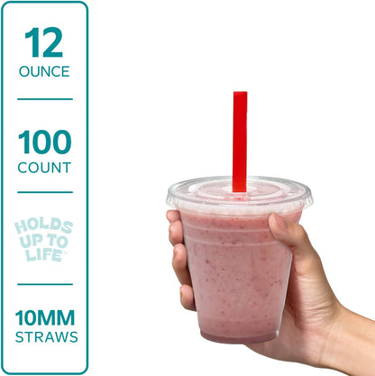 GUSTO [24 oz. - 100 Count Clear Cups with Flat Lids & Straws - Disposable Clear Drinking Cups for Iced Coffee, Cold Drinks, Milkshakes, and Smoothies - Formerly Comfy Package